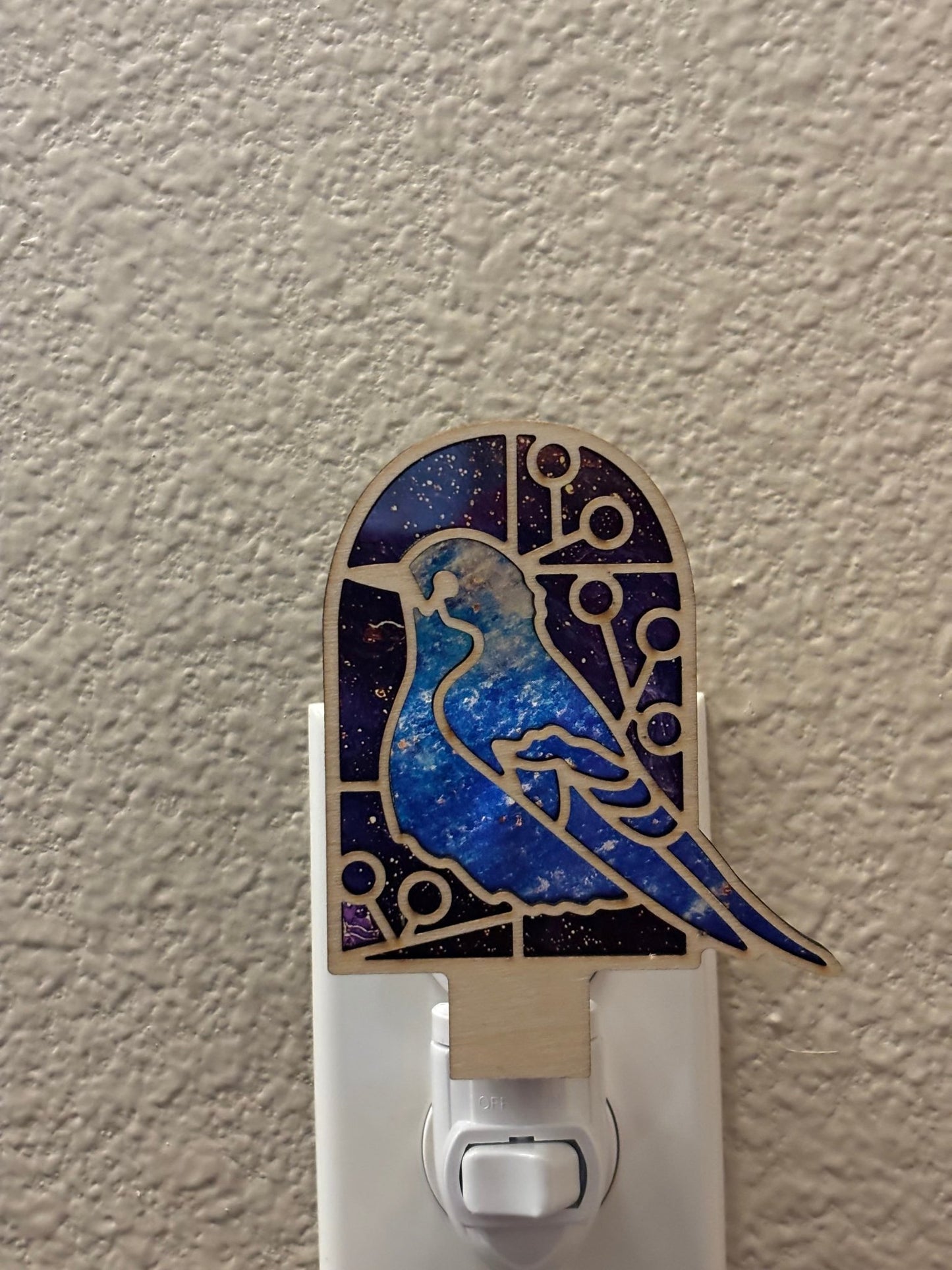 Bluebird stained glass effect nightlight in wood and acrylic, featuring a rustic-modern style.