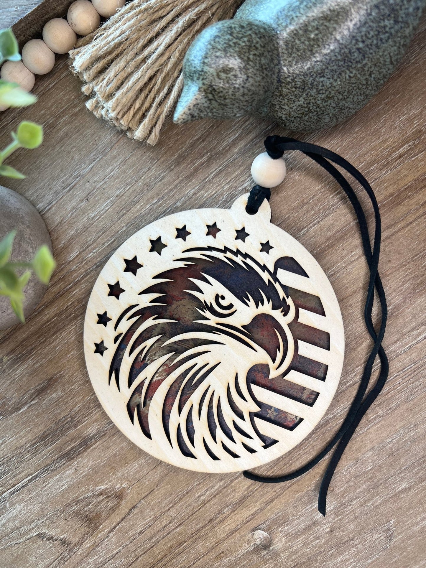 Eagle Flag Suncatcher with natural wood and multicolor acrylic, 4.75-inch.