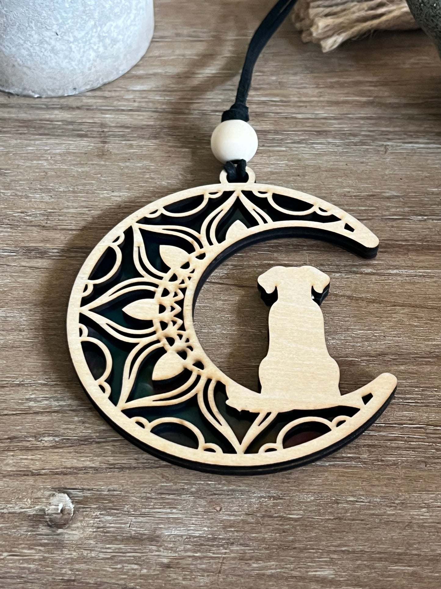 Wood and acrylic suncatcher with a dog on the moon design, featuring stained glass effect.