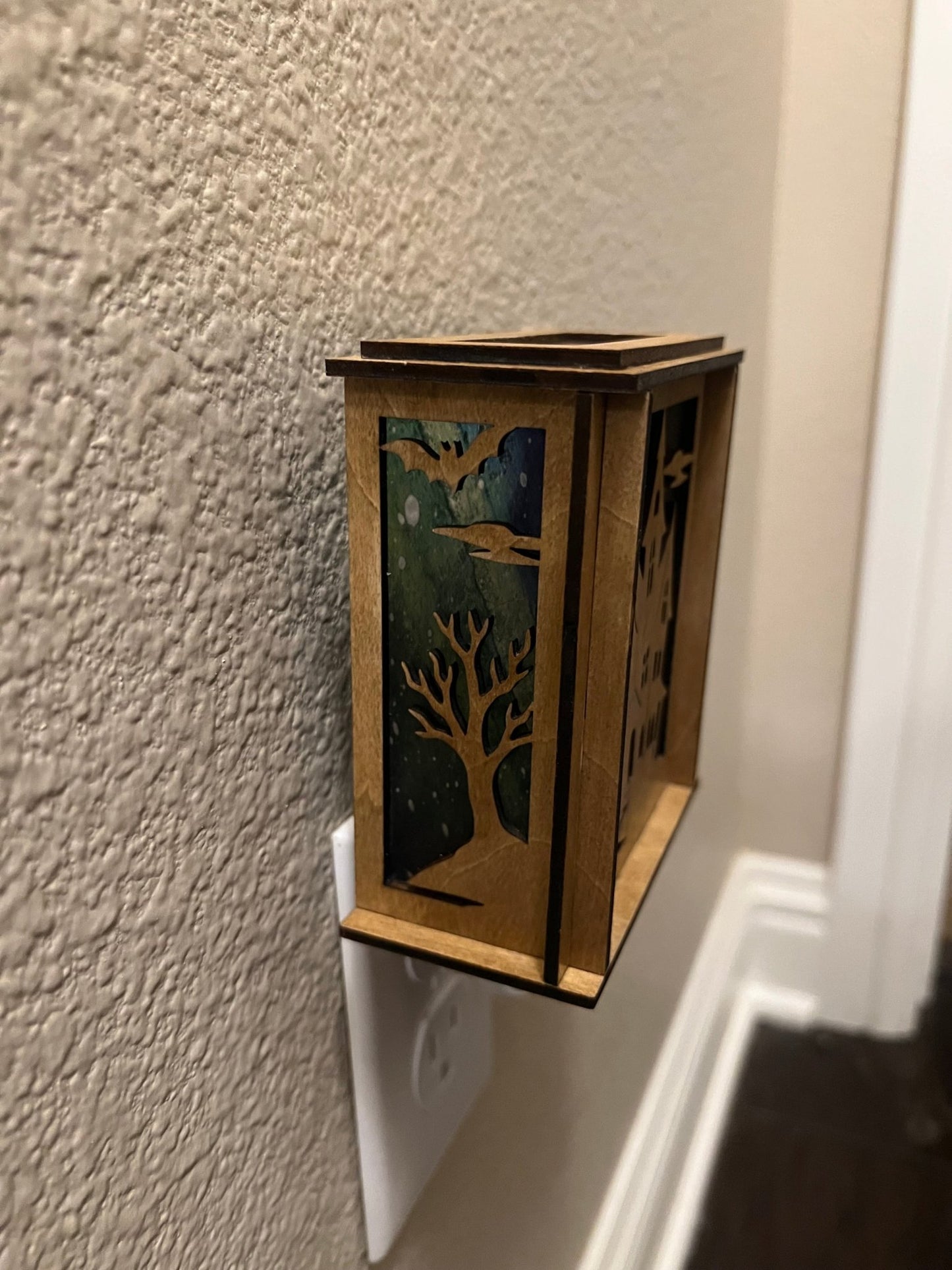 Haunted House Lantern Nightlight with stained glass effect in golden oak wood, perfect for rustic decor - unlit right side view.