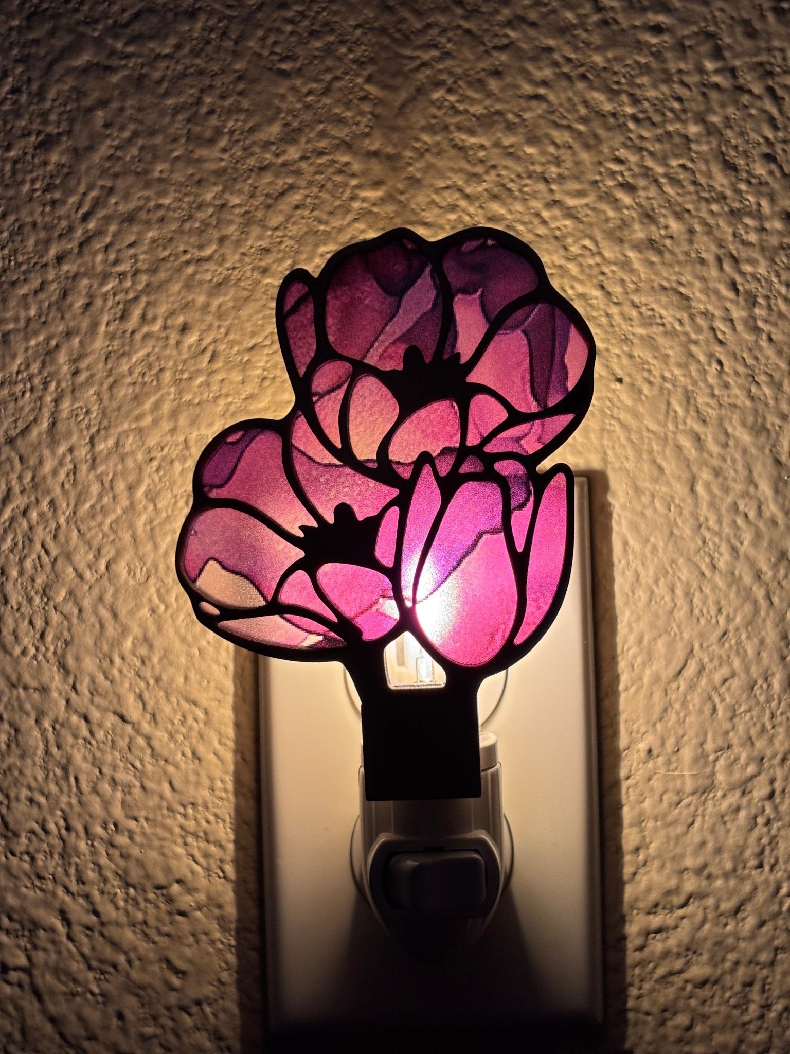Purple Flower Stained Glass Effect Nightlight made of wood and acrylic with a natural finish lighted.