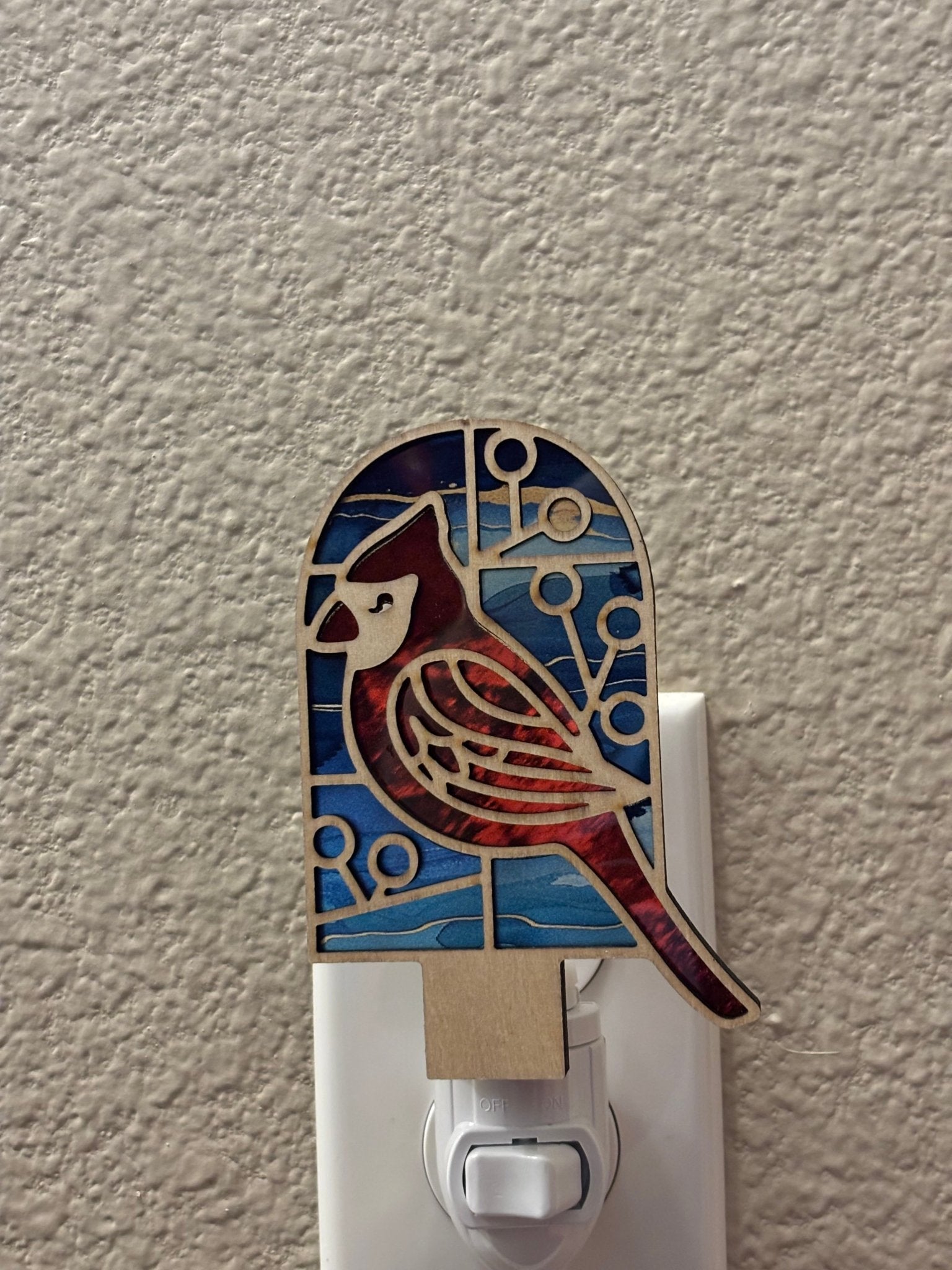 Redbird stained glass effect nightlight made of wood and acrylic, 5.5x2.75 inches, perfect for rustic decor.