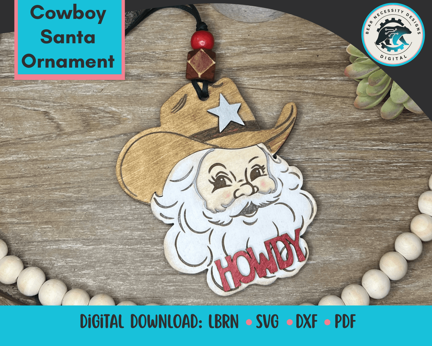 Cowboy Santa Ornament SVG – Western Christmas Laser Cut File (Digital Download)