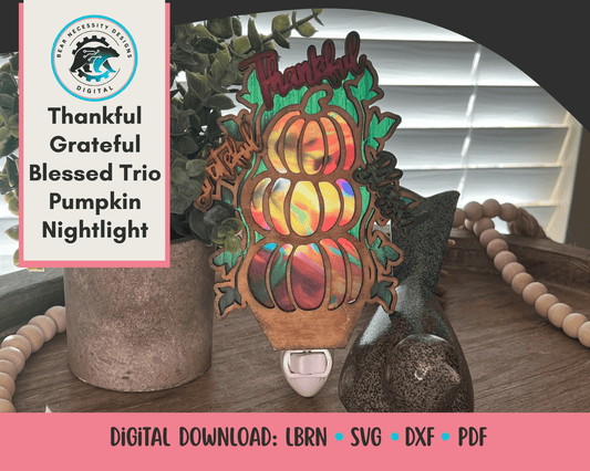 Thankful Grateful Blessed Pumpkin Nightlight SVG | Fall Laser Cut Nightlight Digital Files for Lasers