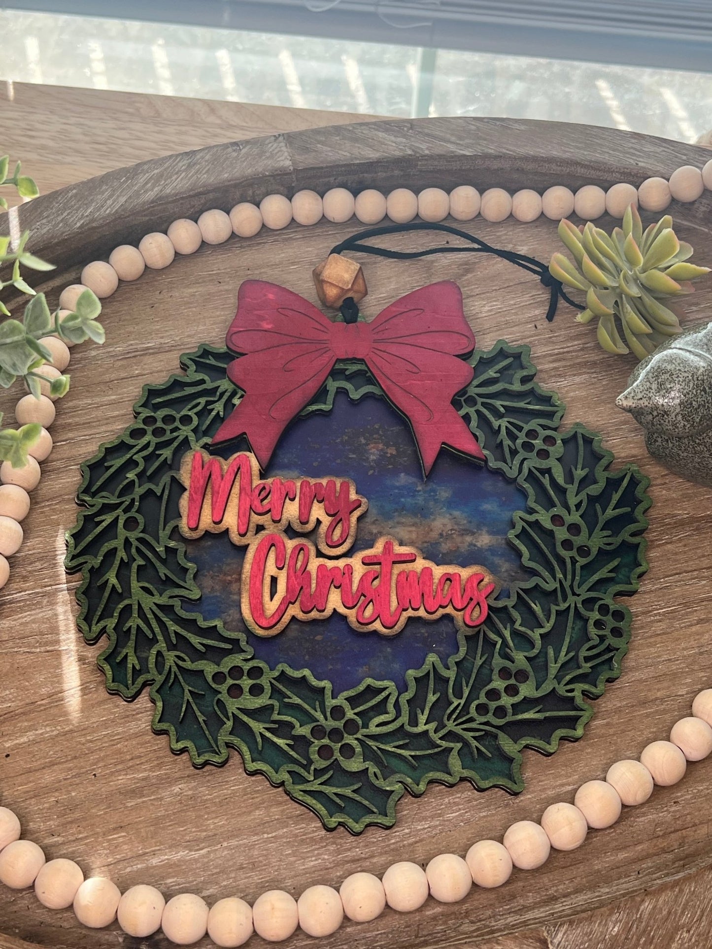 Merry Christmas Suncatcher - Rustic Wooden Holiday Decor