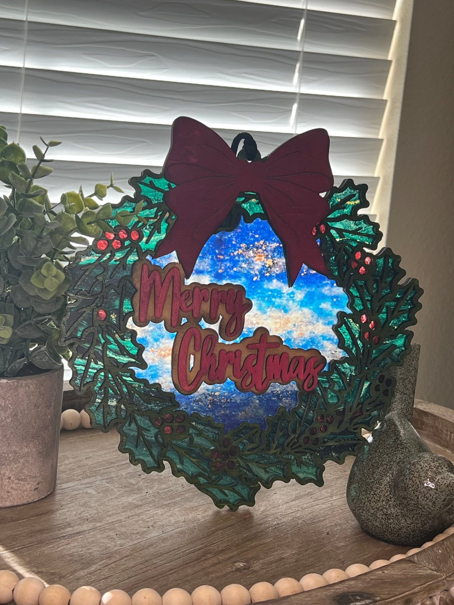 Merry Christmas Suncatcher - Rustic Wooden Holiday Decor