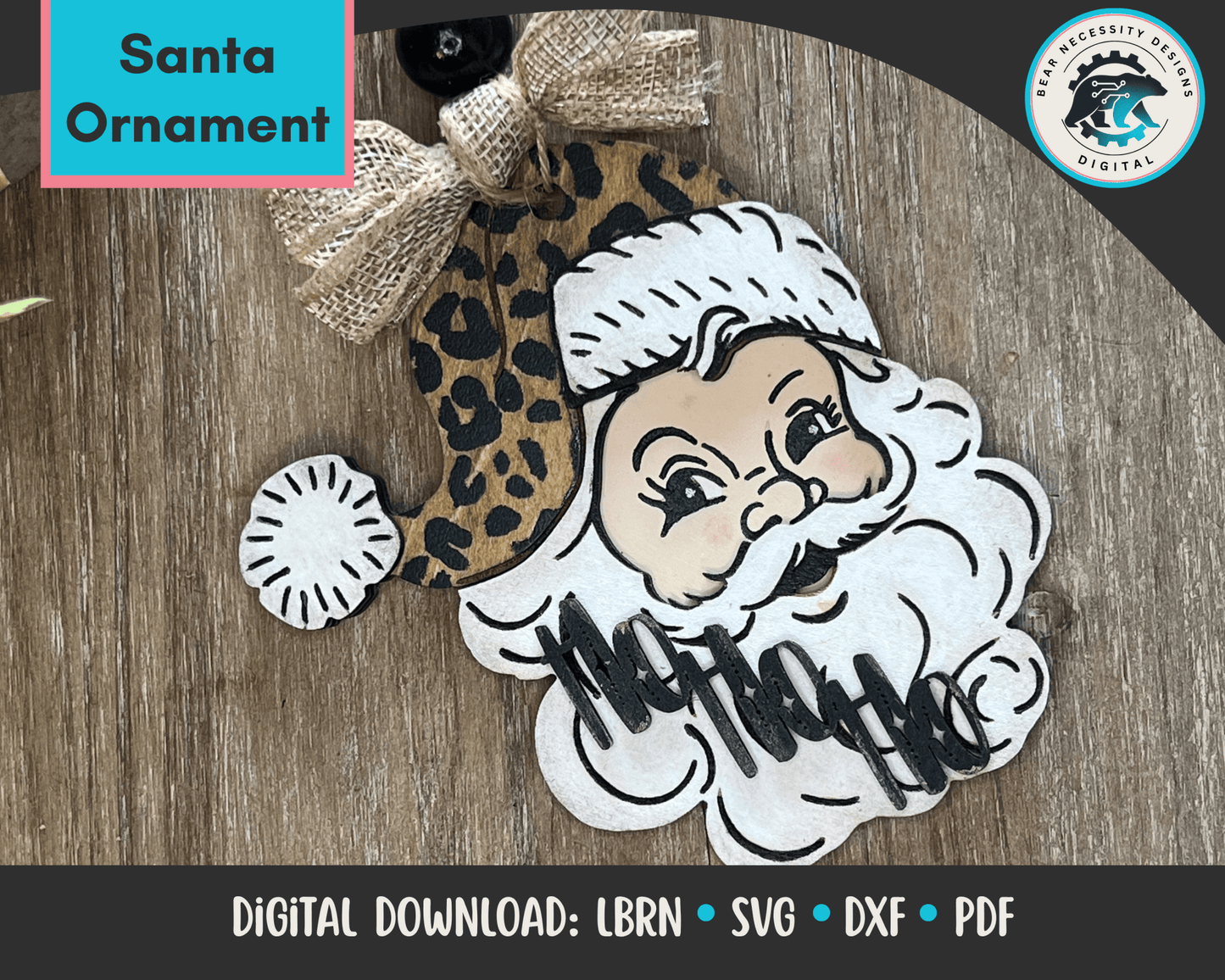 Vintage Santa Ornament SVG – Leopard Print Laser Cut Christmas File (Digital Download)