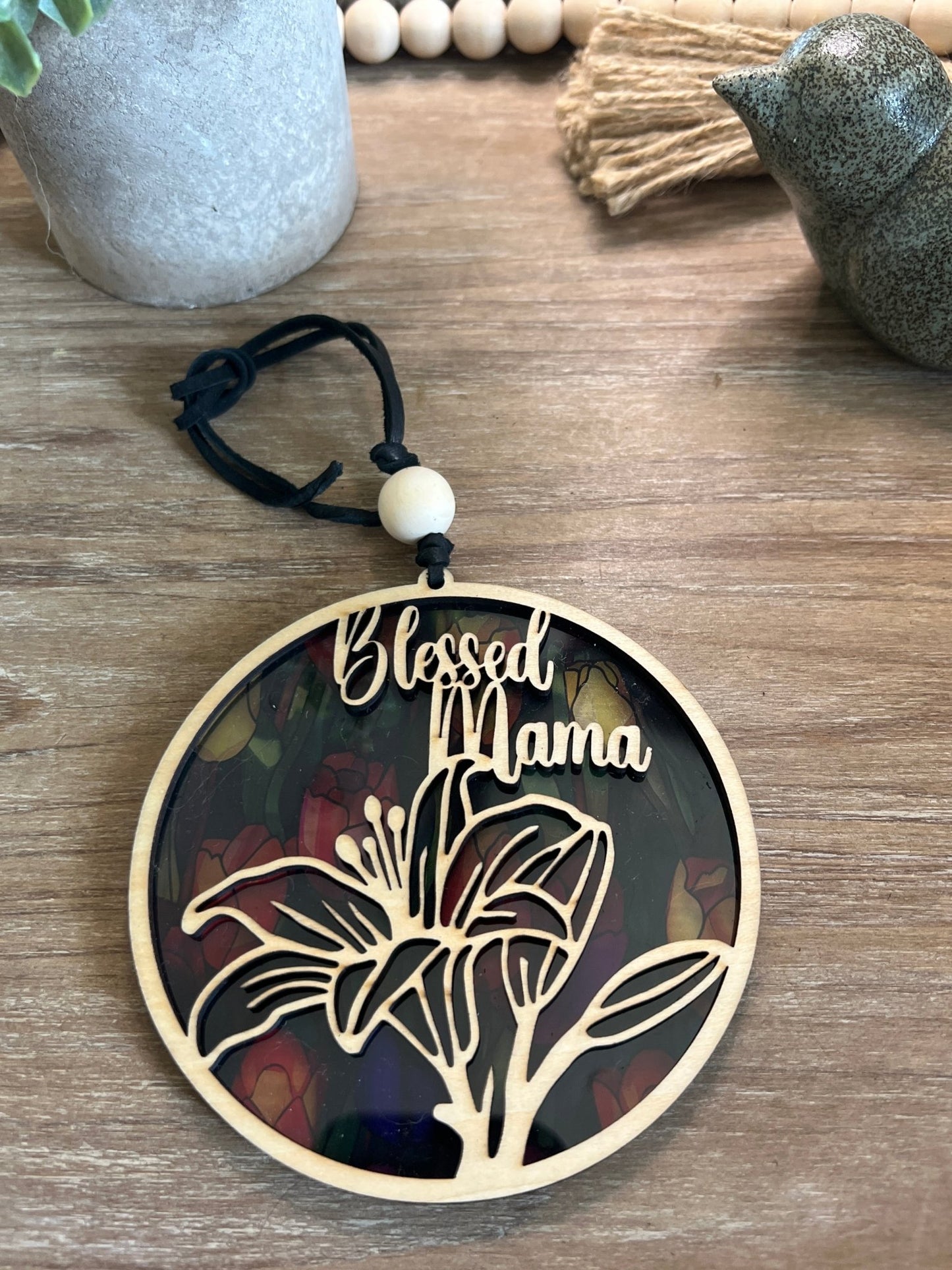 Rustic multicolor Blessed Mama suncatcher made of wood and acrylic, perfect for home decor.