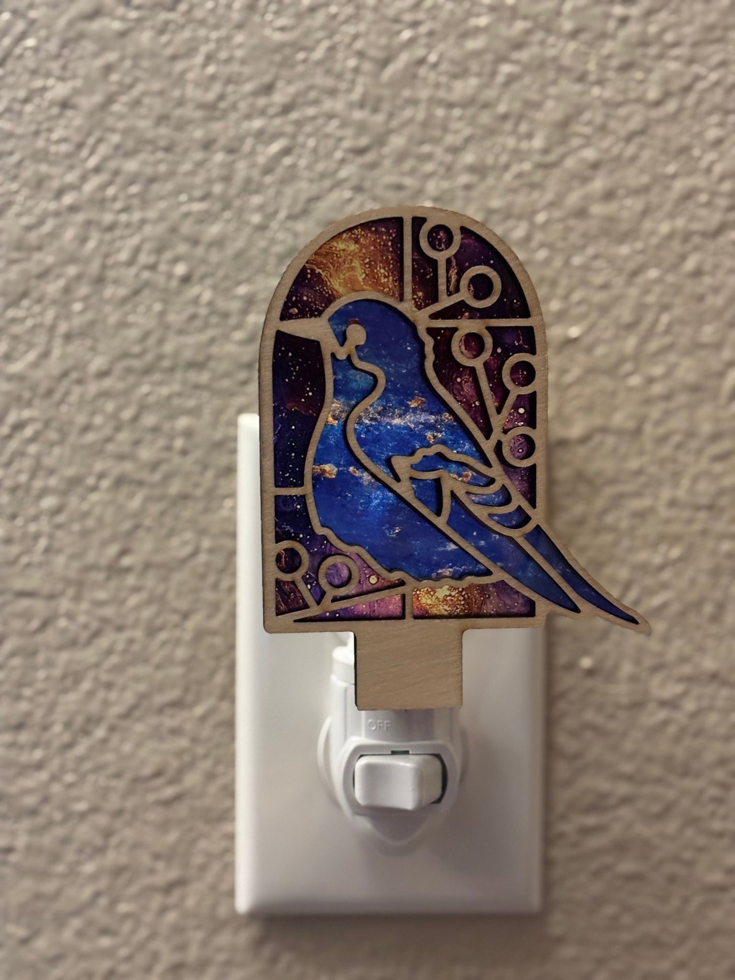 Bluebird nightlight with stained glass effect, made from wood and acrylic.