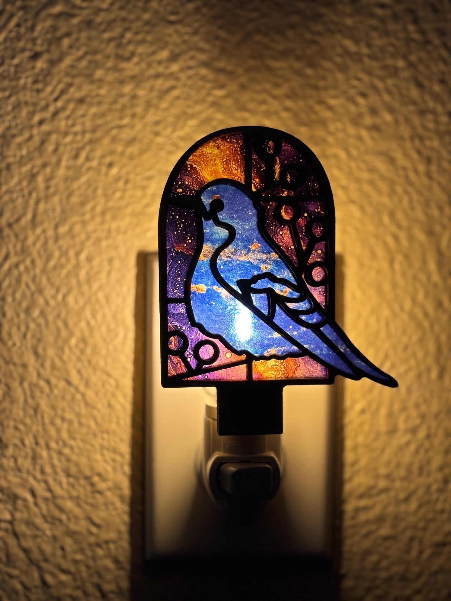 Bluebird nightlight with stained glass effect, made from wood and acrylic lighted.