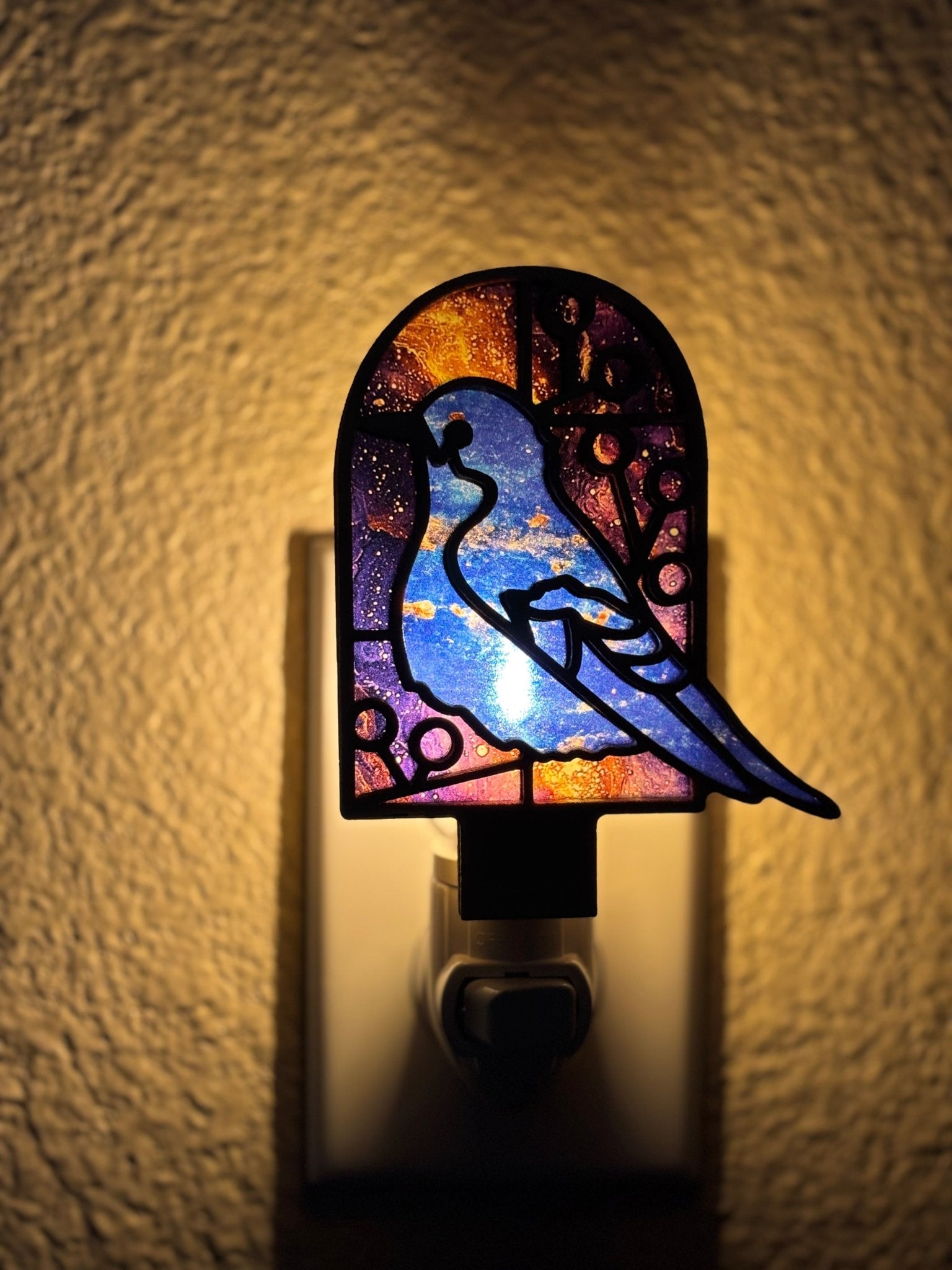 Bluebird nightlight with stained glass effect, made from wood and acrylic lighted.