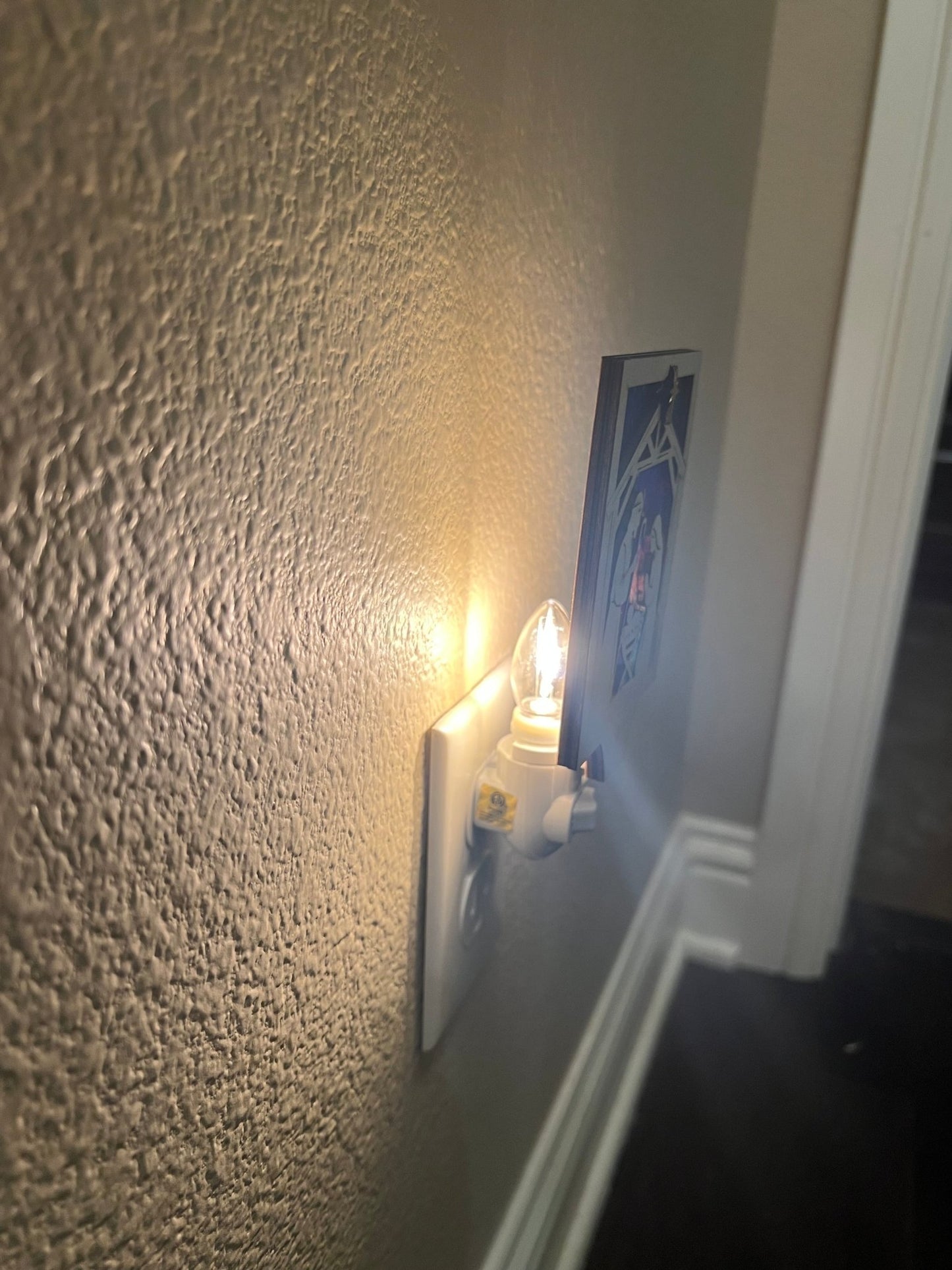 Christmas Nativity Nightlight made of wood and acrylic, featuring natural wood and multicolor elements - lighted side view.