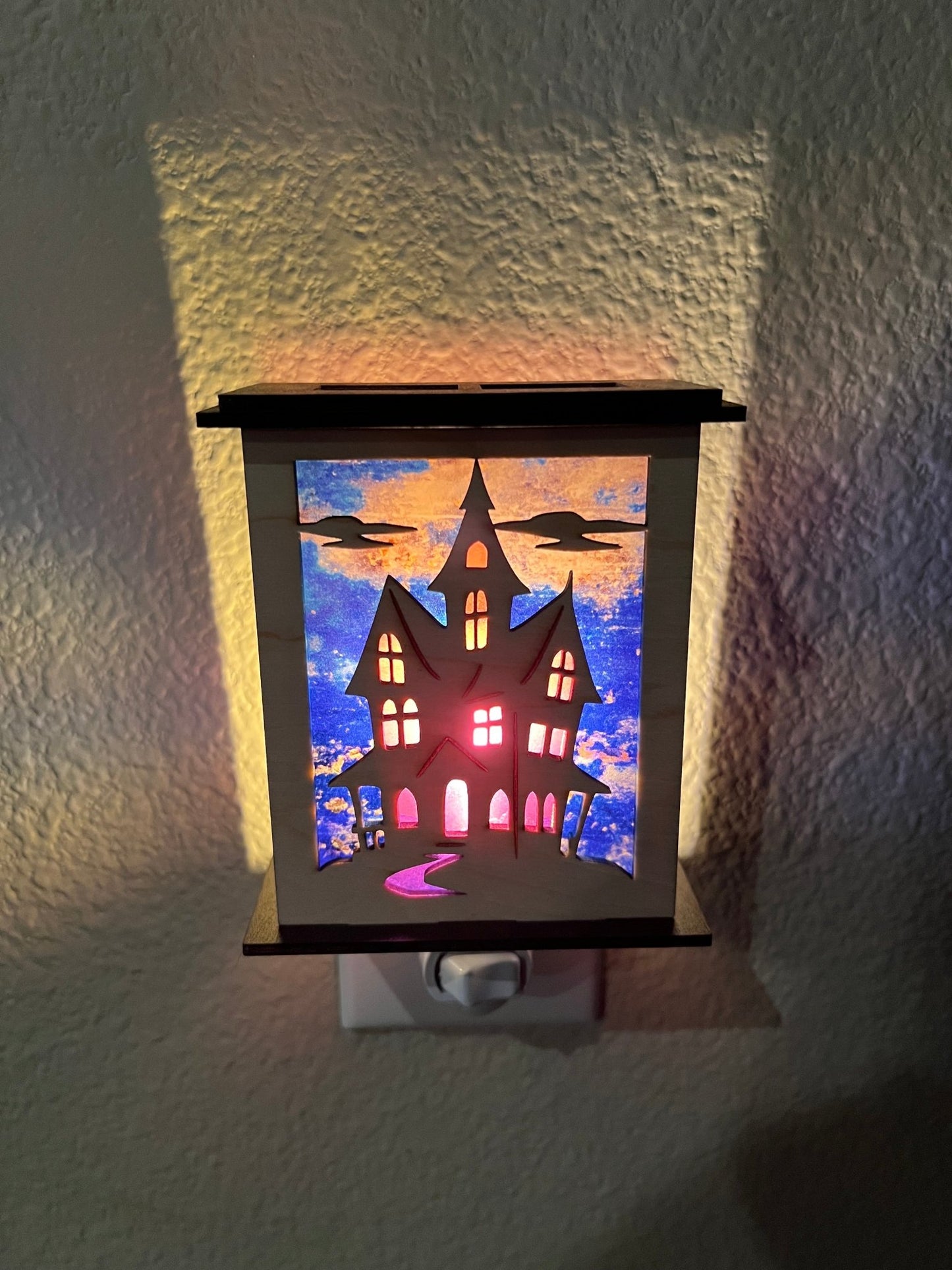 Haunted House Nightlight - Rustic Wood Lantern for Halloween