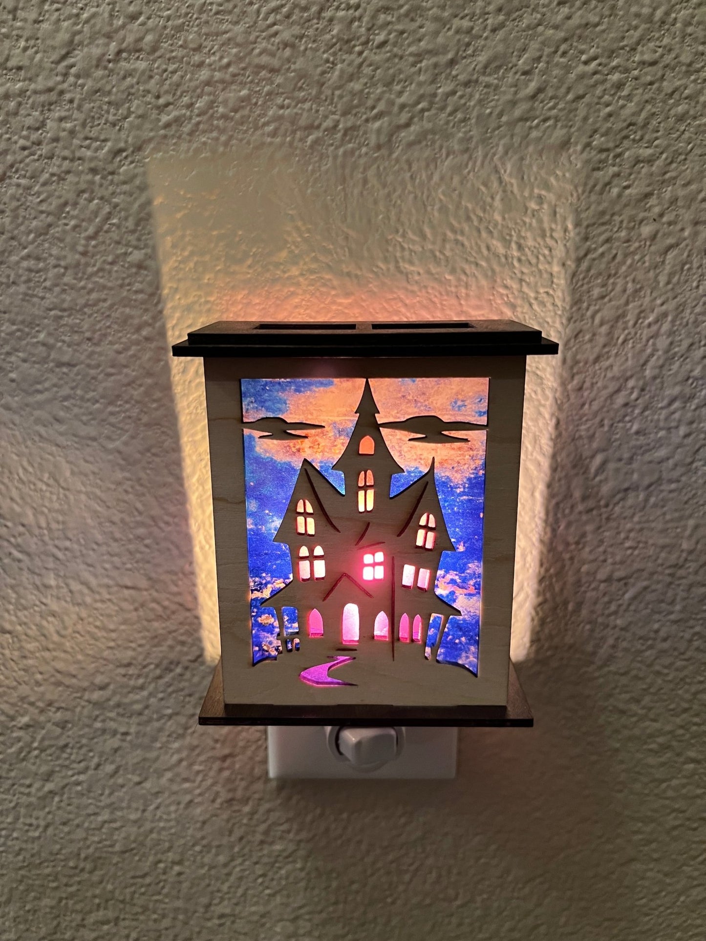 Haunted House Nightlight - Rustic Wood Lantern for Halloween
