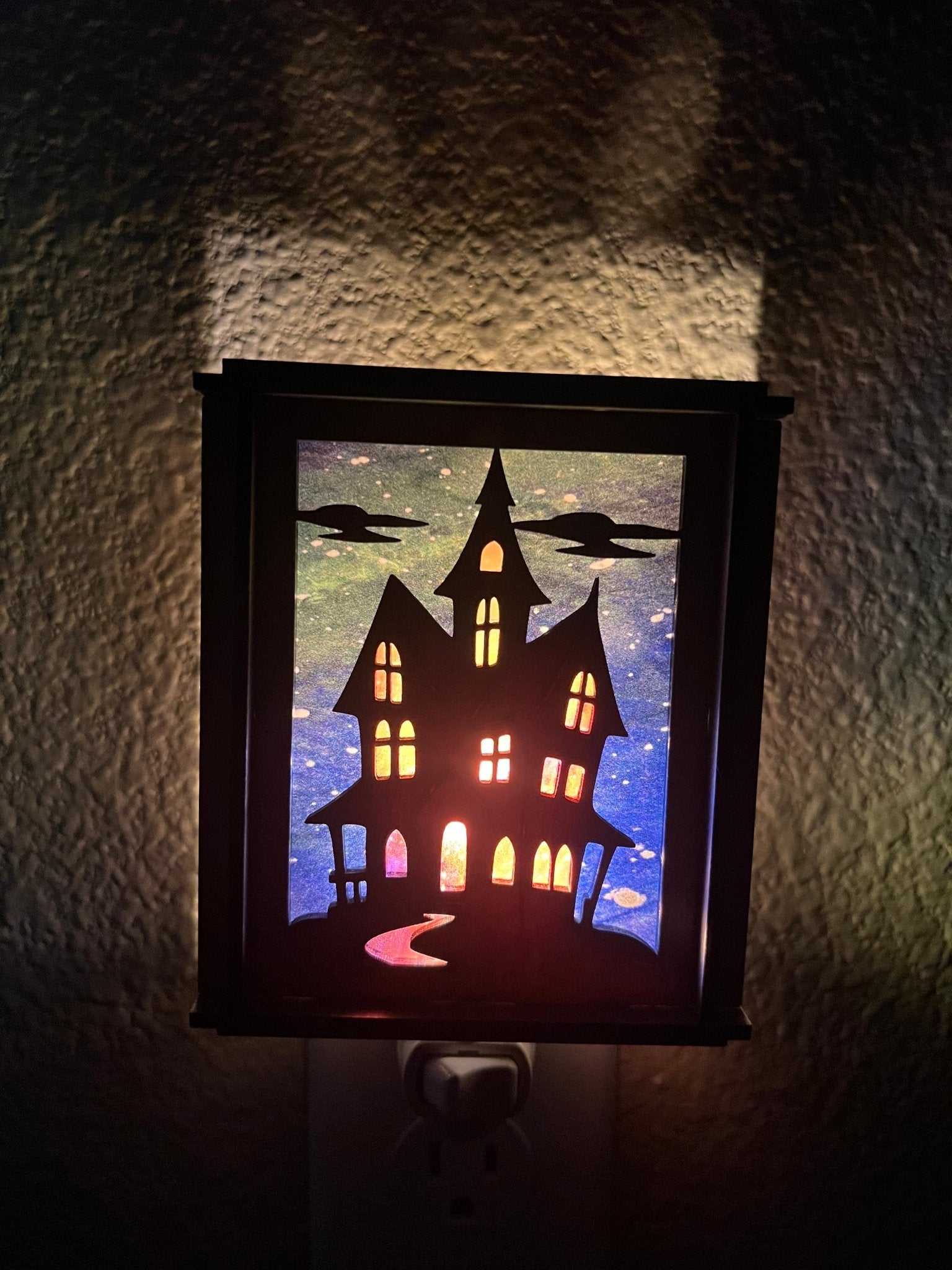 Haunted House Lantern Nightlight with stained glass effect in golden oak wood, perfect for rustic decor - front lighted view.