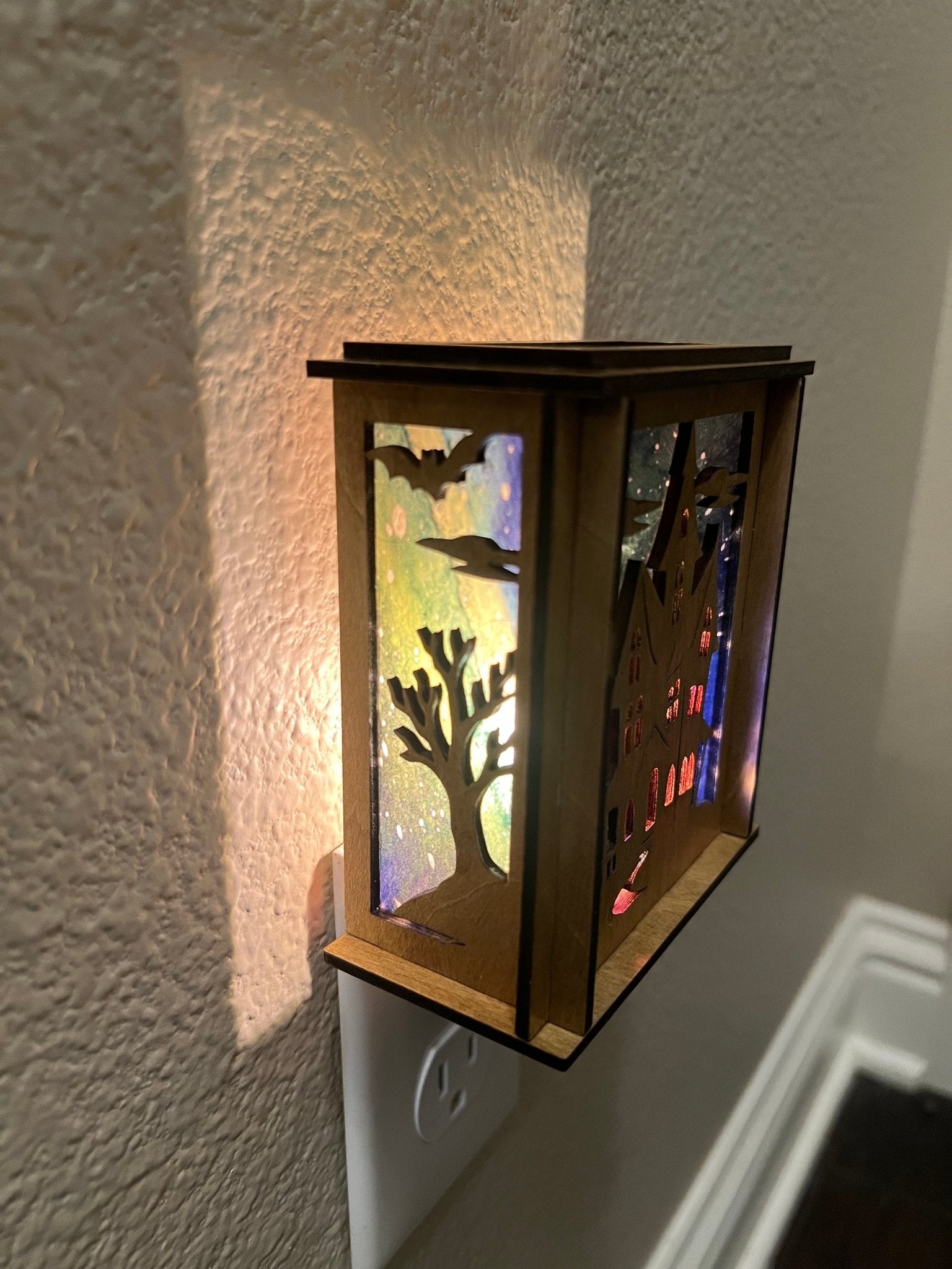 Haunted House Lantern Nightlight with stained glass effect in golden oak wood, perfect for rustic decor - left lighted view.