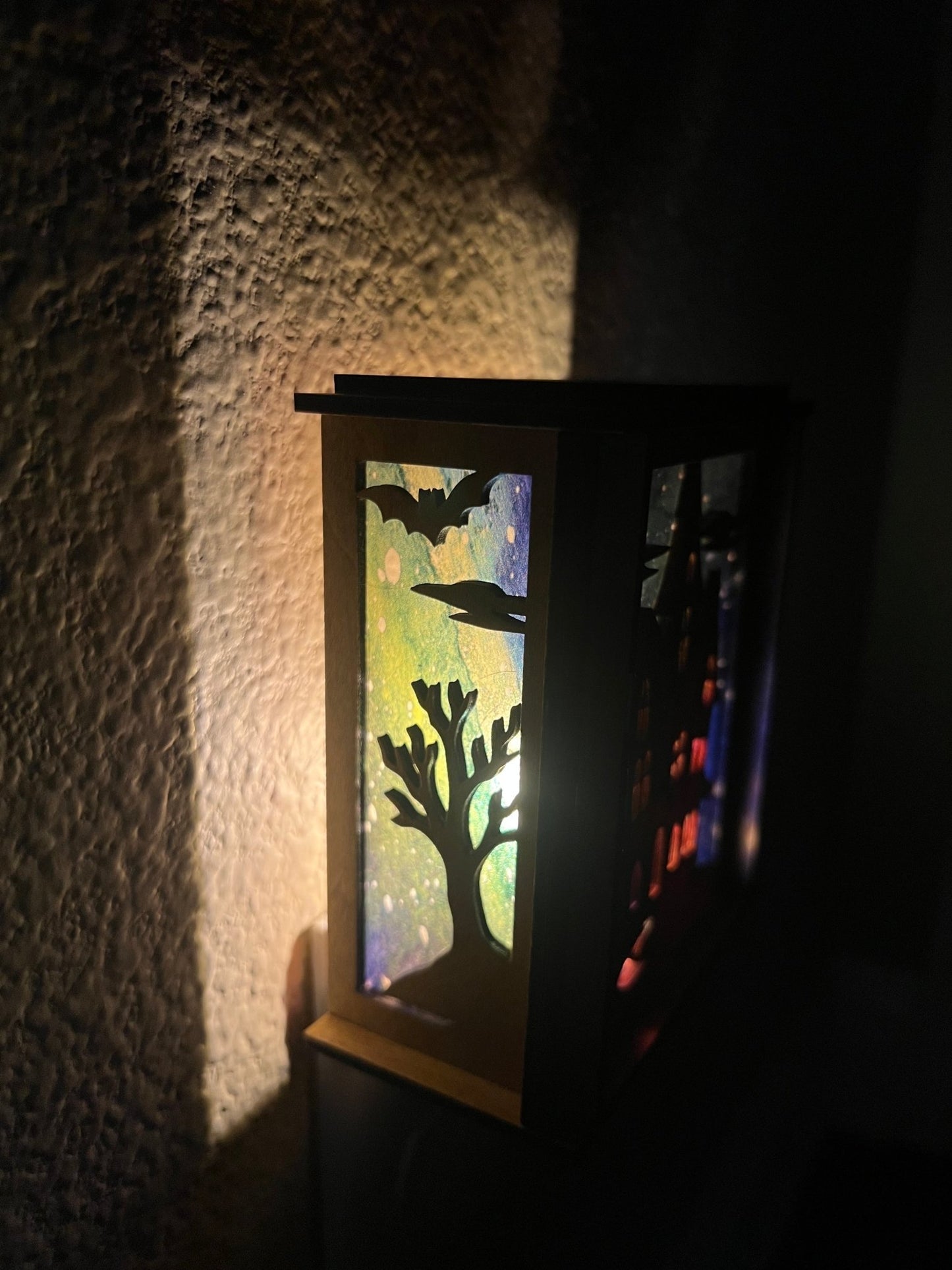Haunted house nightlight with golden oak stained wood and acrylic stained glass effect, perfect for cozy home decor lit left side lights out.