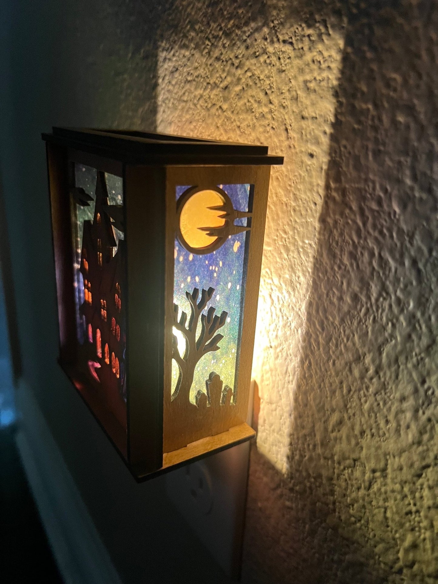 Haunted House Lantern Nightlight with stained glass effect in golden oak wood, perfect for rustic decor - left light view.