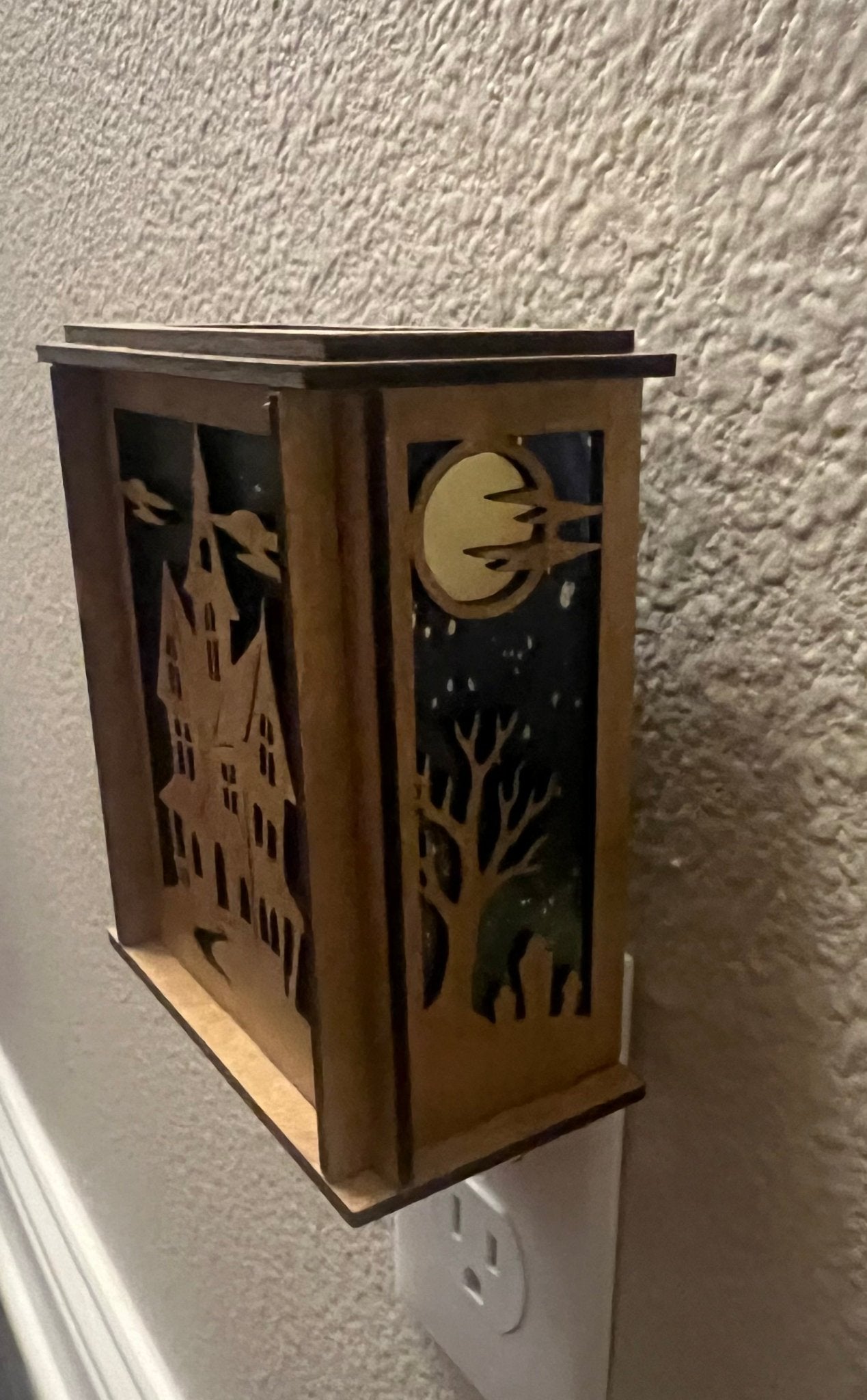 Haunted House Lantern Nightlight with stained glass effect in golden oak wood, perfect for rustic decor - unlit left side view.