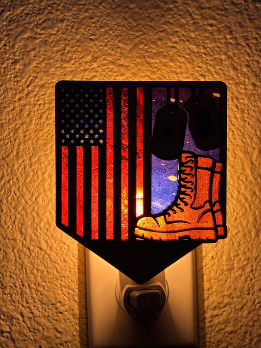 Stained glass effect nightlight with wood frame and multicolor acrylic honoring soldiers lighted.