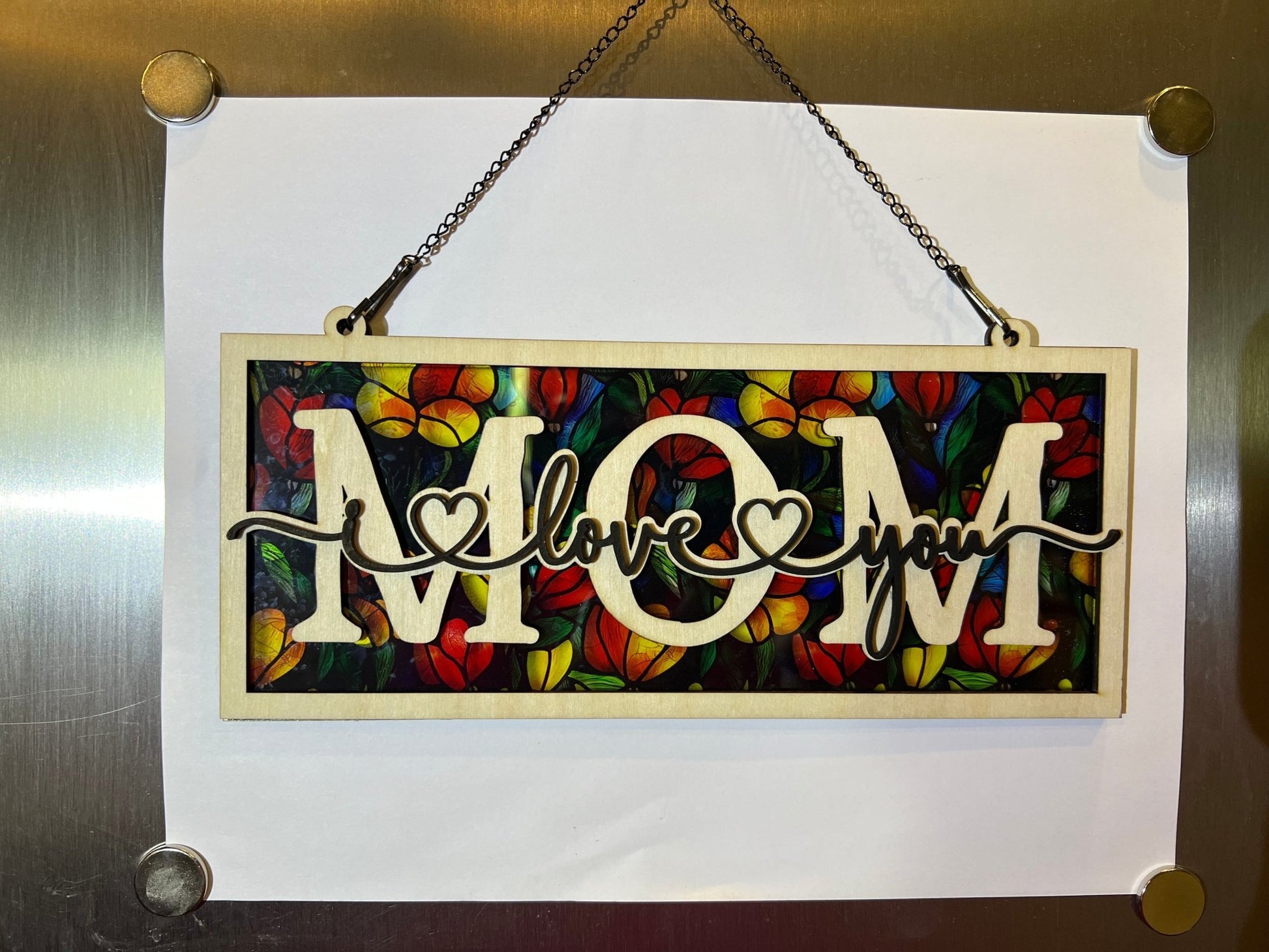 Yellow floral suncatcher with wood and acrylic, rustic charm, 4.25x9.5 inches.