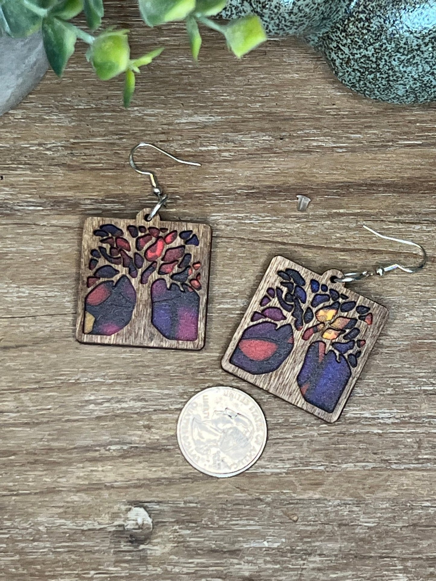 Multicolor Tree of Life earrings with a stained glass effect in wood and acrylic.