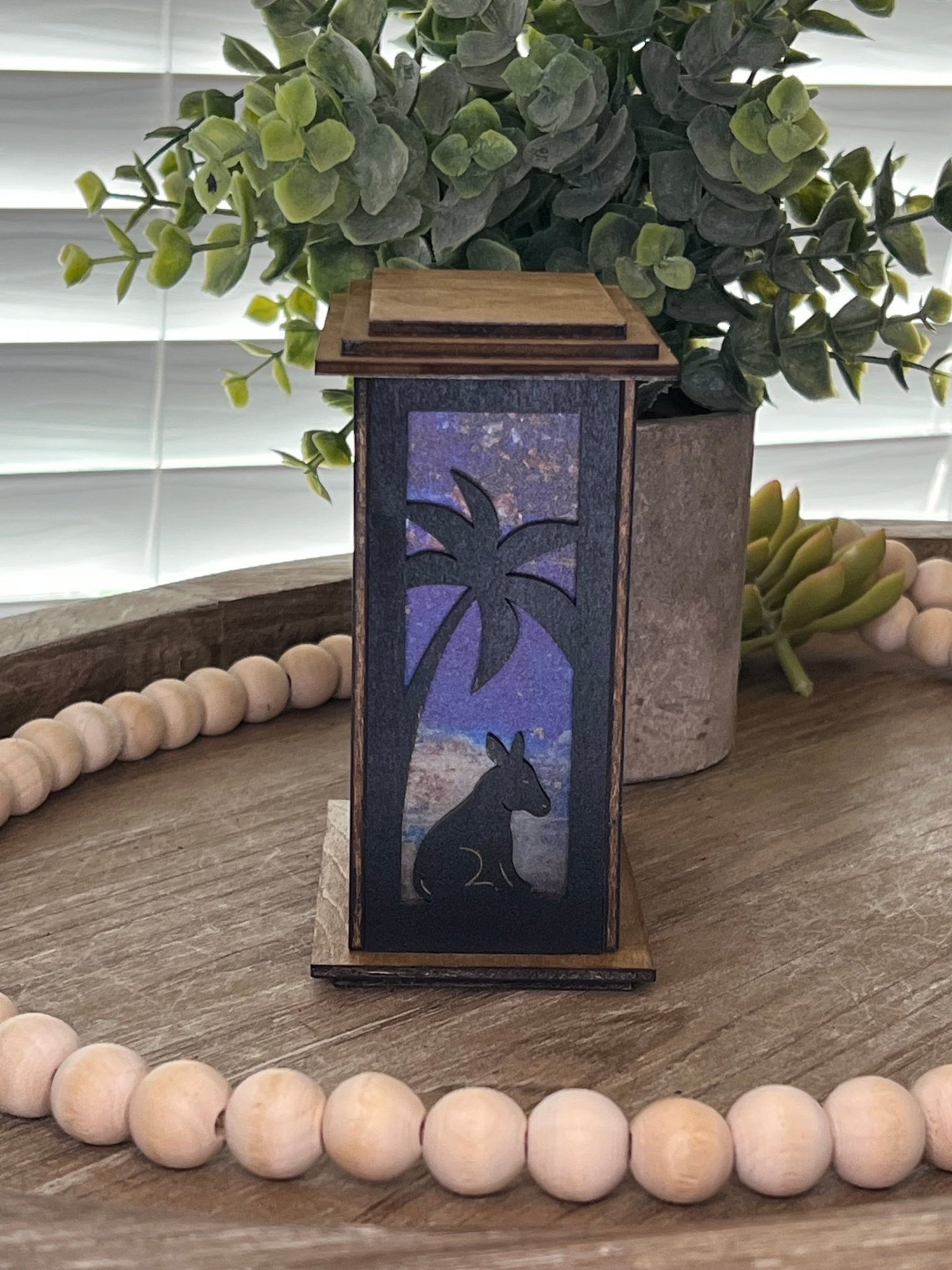 Rustic black and golden oak nativity lantern with LED tea-light candle, perfect for holiday decor, right side, unlit view