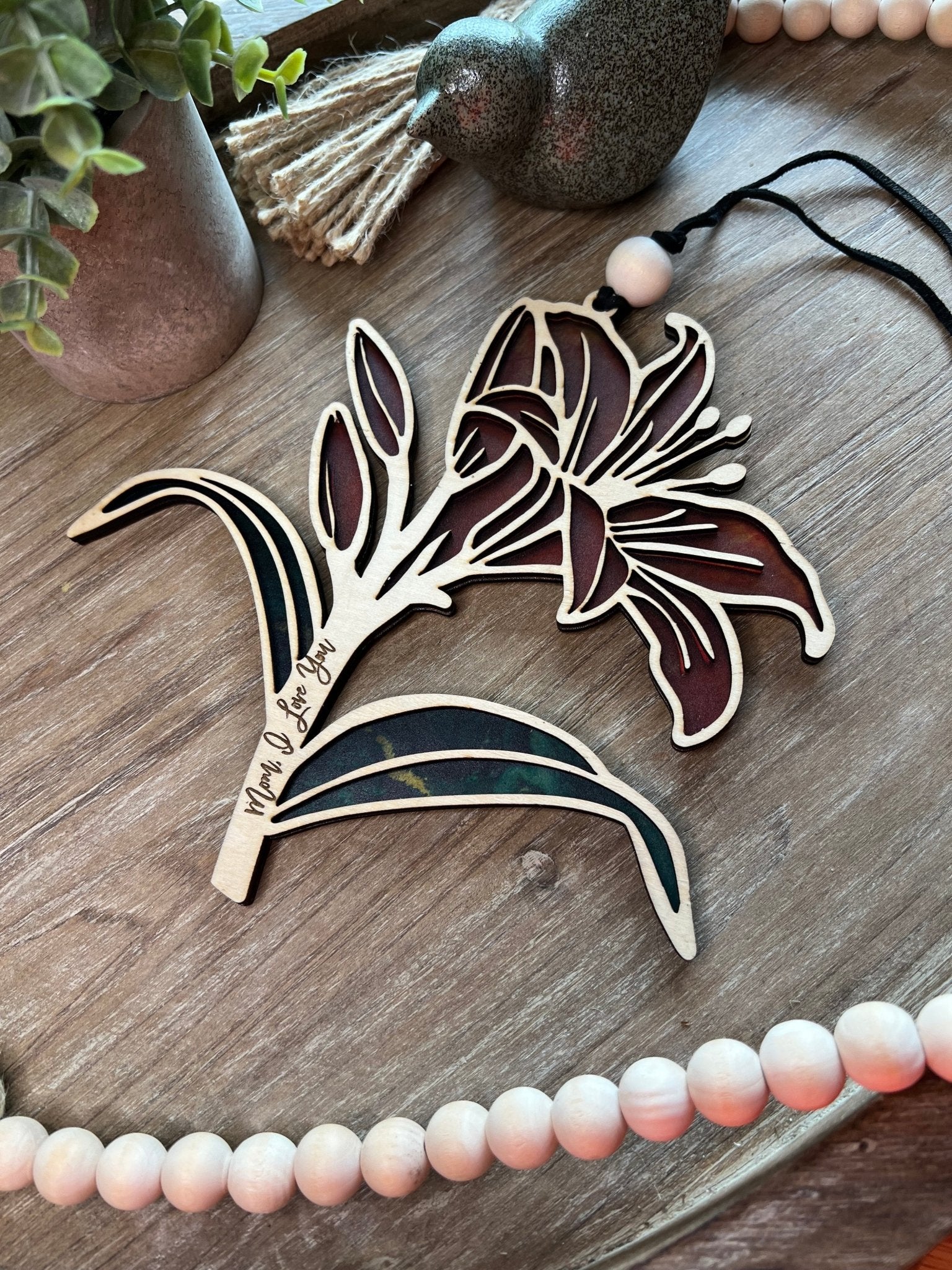 Orange Daylily stained glass effect suncatcher in wood and acrylic.