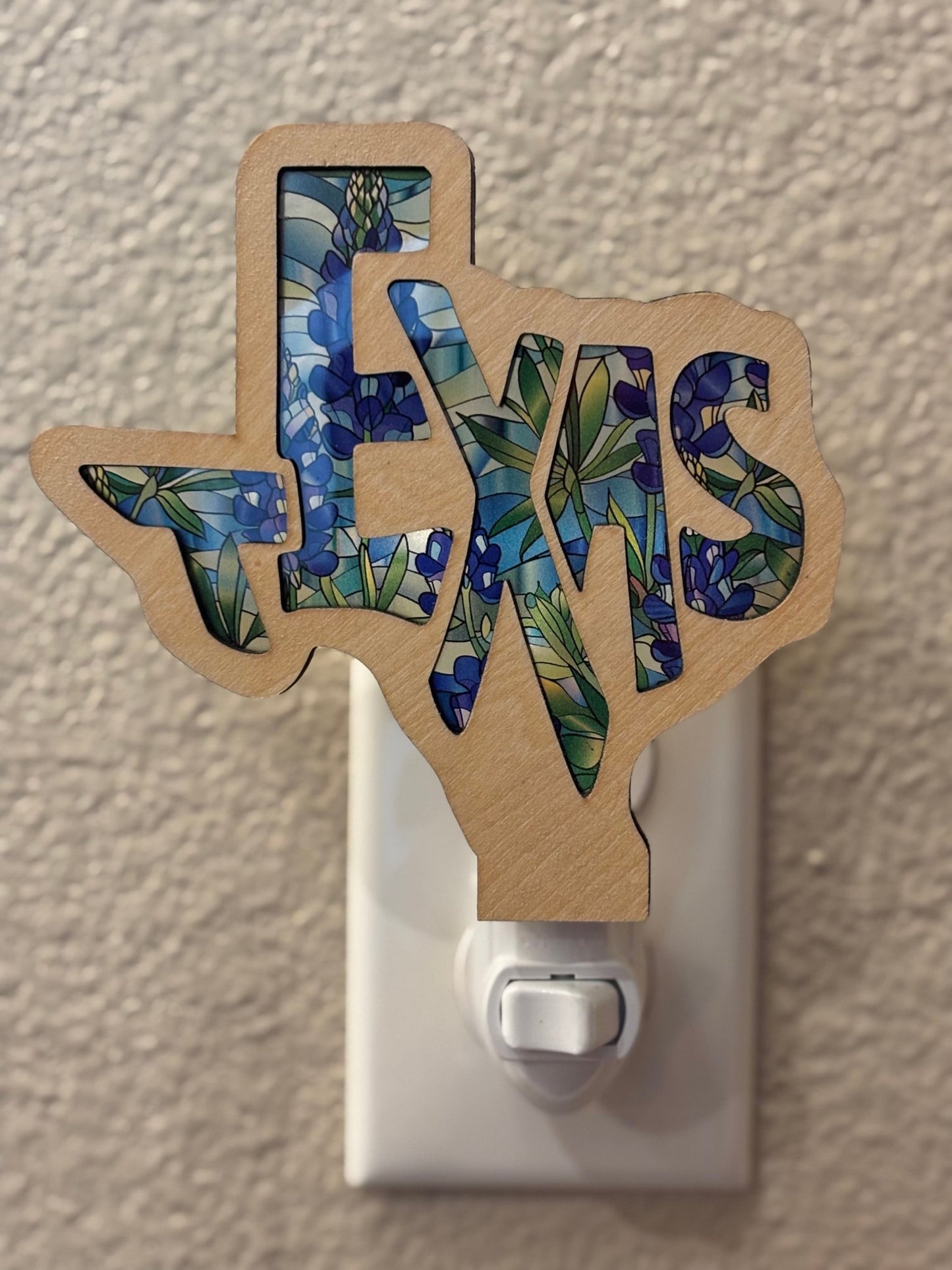 Texas-shaped nightlight featuring stained glass effect with wood and acrylic materials.